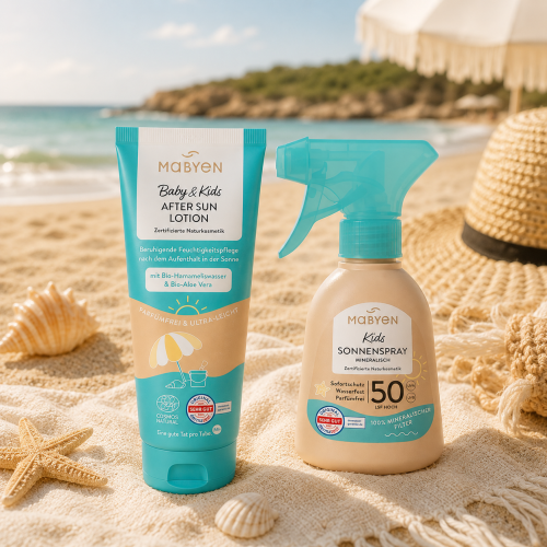 Zestaw Mabyen spray przeciwsłoneczny SPF 50+ non-nano dla dzieci i niemowląt i Mabyen kojący balsam po opalaniu dla niemowląt i dzieci