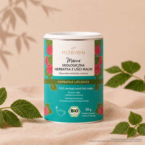 Ekologiczna herbata malinowa w puszce. Organiczna herbata z liści malin BIO – opakowanie na stole, Ratujemy karmienie.png