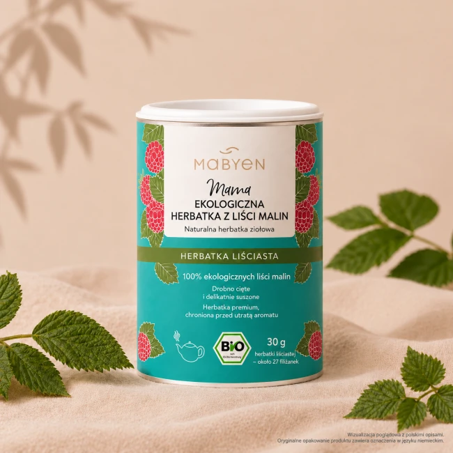 Ekologiczna herbata malinowa w puszce. Organiczna herbata z liści malin BIO – opakowanie na stole, Ratujemy karmienie.png