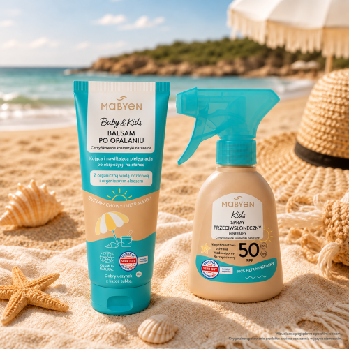 Zestaw Mabyen spray przeciwsłoneczny SPF 50+ non-nano dla dzieci i niemowląt i Mabyen kojący balsam po opalaniu dla niemowląt i dzieci.png